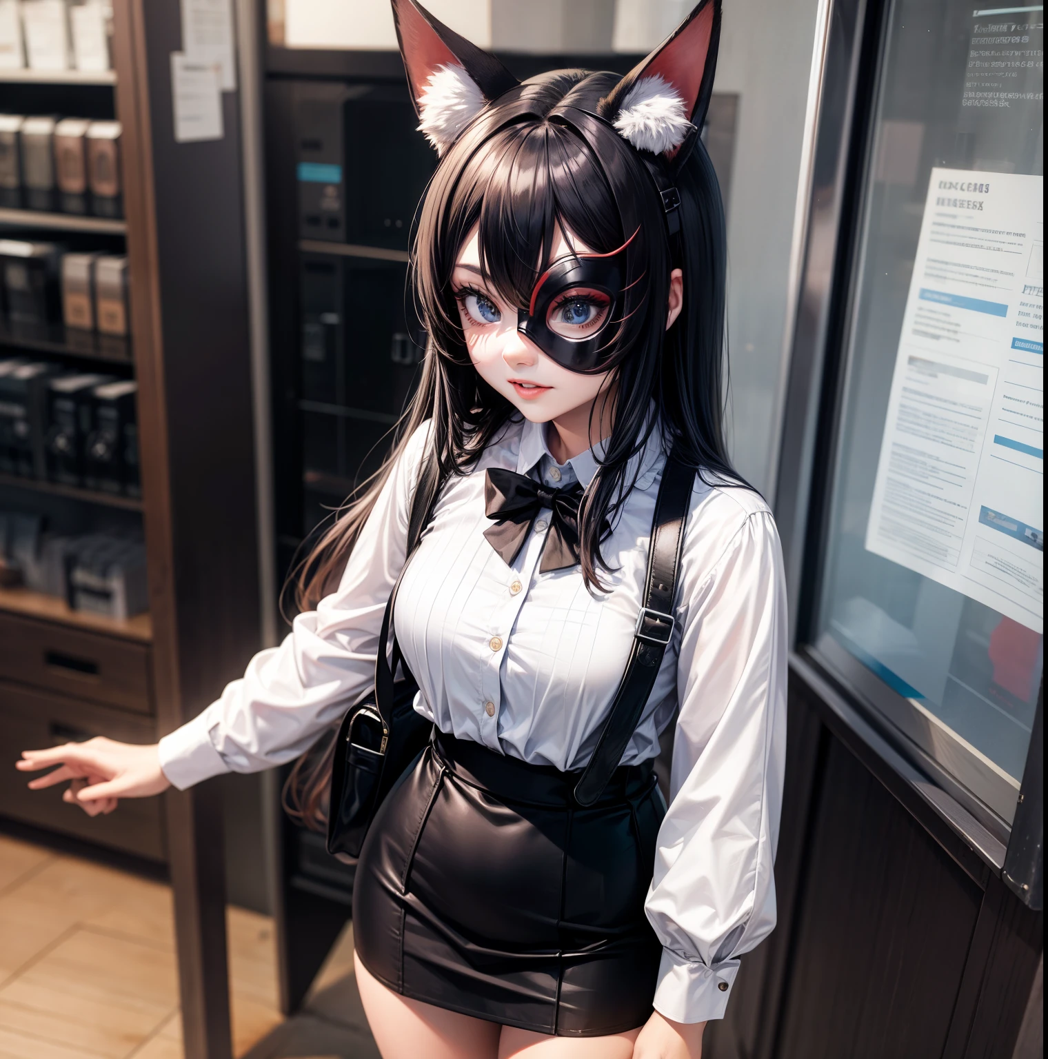 masterpiece, best quality, detailed, high contrast, adult, fox girl, red hair, purple eyes, (animal ears, fox ears:1.2), red-framed glasses, petite, slender, very small breasts, gothic fashion, frills, ribbons, silk, lace, black clothing, black lace top thighhighs, gloves, looking at viewer, cowboy shot, outdoors, city, high contrast, moody,