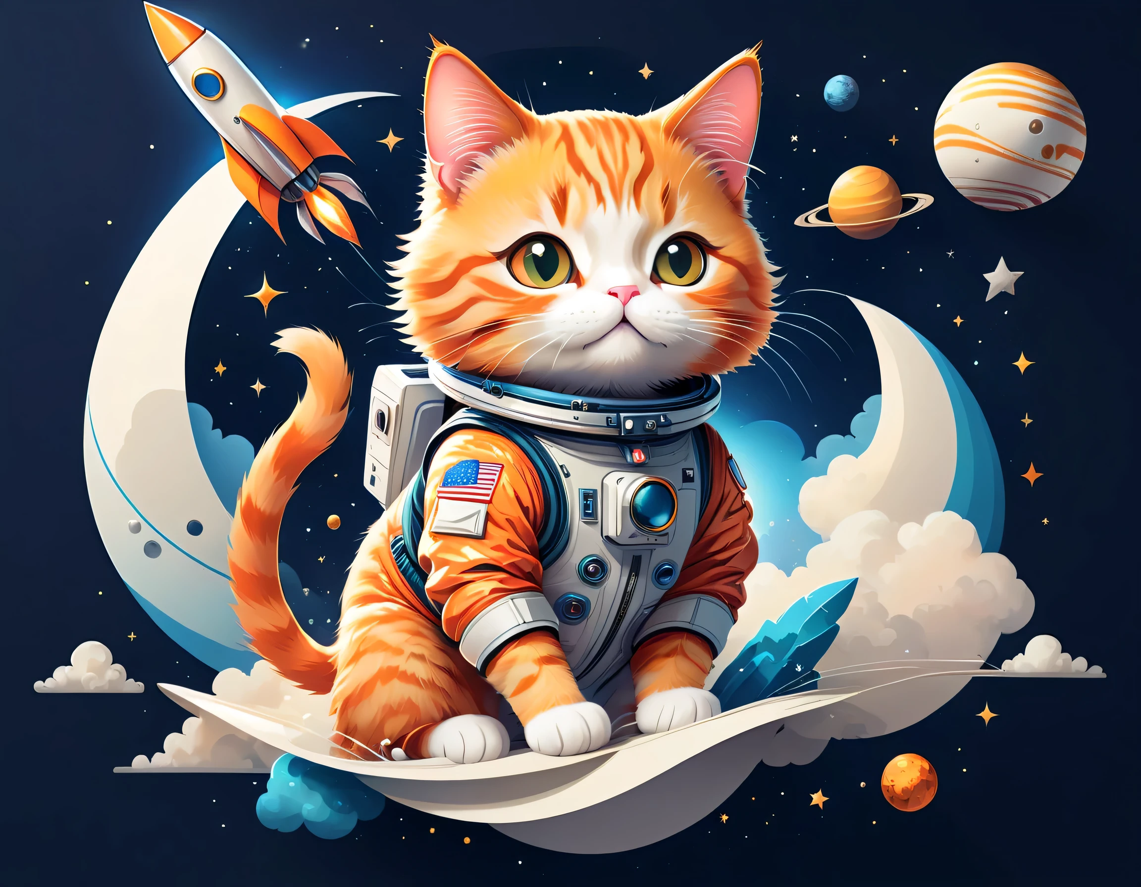 vector art:Cat astronaut,draw with thick lines,illustration,adobe,flat design,Works created by professional designers,Super Brilliant Space Travel,orange cat:Spacesuit,Rocket emblem,technology,adventure,spaceship,outer space,no gravity,buoyant,floating object,cute,Fantastic,Brilliant,Bokeh effect,fun,Wonderful,joy,masterpiece,best masterpiece,rich colors,colorful,cool,rendering,zentangle elements,line art,