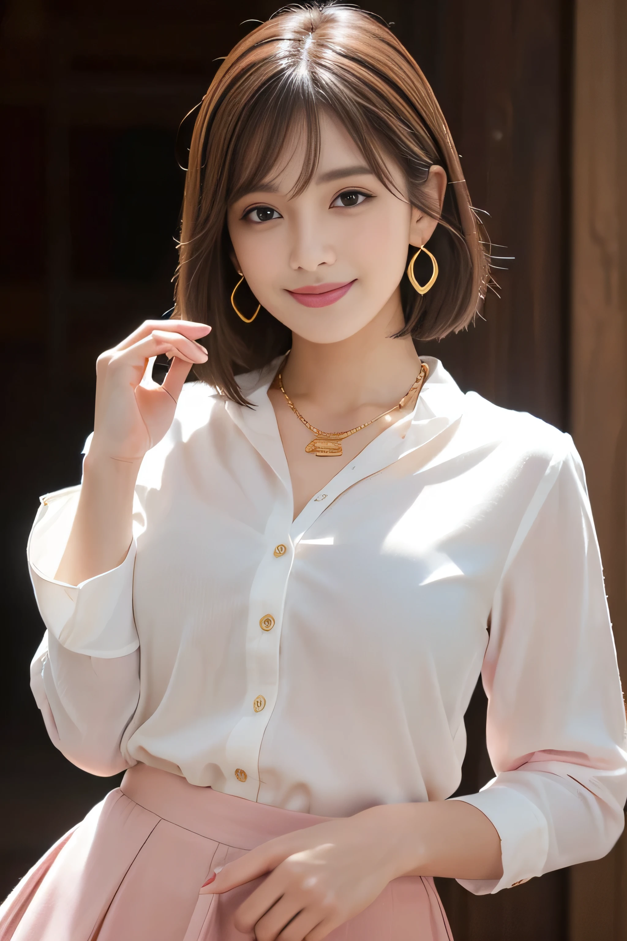 (RAW photo), (Photoreal), (masterpiece), (highest quality), High resolution, 8K resolution, (intricate details), (light with volume), Portrait, woman, 40 years, short hair, straight hair, layered hair, brown haired, highly detailed eyes, ordering sauce, highly detailed eyebrows, highly detailed skin, highly detailed mouth, highly detailed nose, cute like an idol, Smile, ((thick lips)), ((look at the audience)), (wearing a classy (white) Button shirt:1.2), ((Light pink) long irregular hem skirt:1.2), close the button,  ,((shy smile:1.3)),((gold necklace＿Large earrings:1.2)),