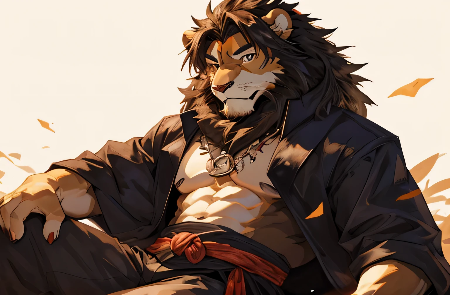 lion ,Shota looks at us,smiling,Facing us,Bare chest,face,kimono,sitting on bed,alone,bright background ,Shota,Serious