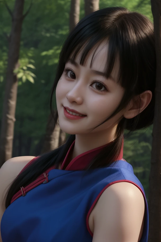 chichi, 1girl, solo, black eyes, black hair, blunt bangs,
china dress, blue dress, sleeveless, red sash, wristband, bare shoulders,
smile,closed mouth,cowboy shot,
forest,outdoor,
(insanely detailed, beautiful detailed face, masterpiece, best quality) cinematic lighting,