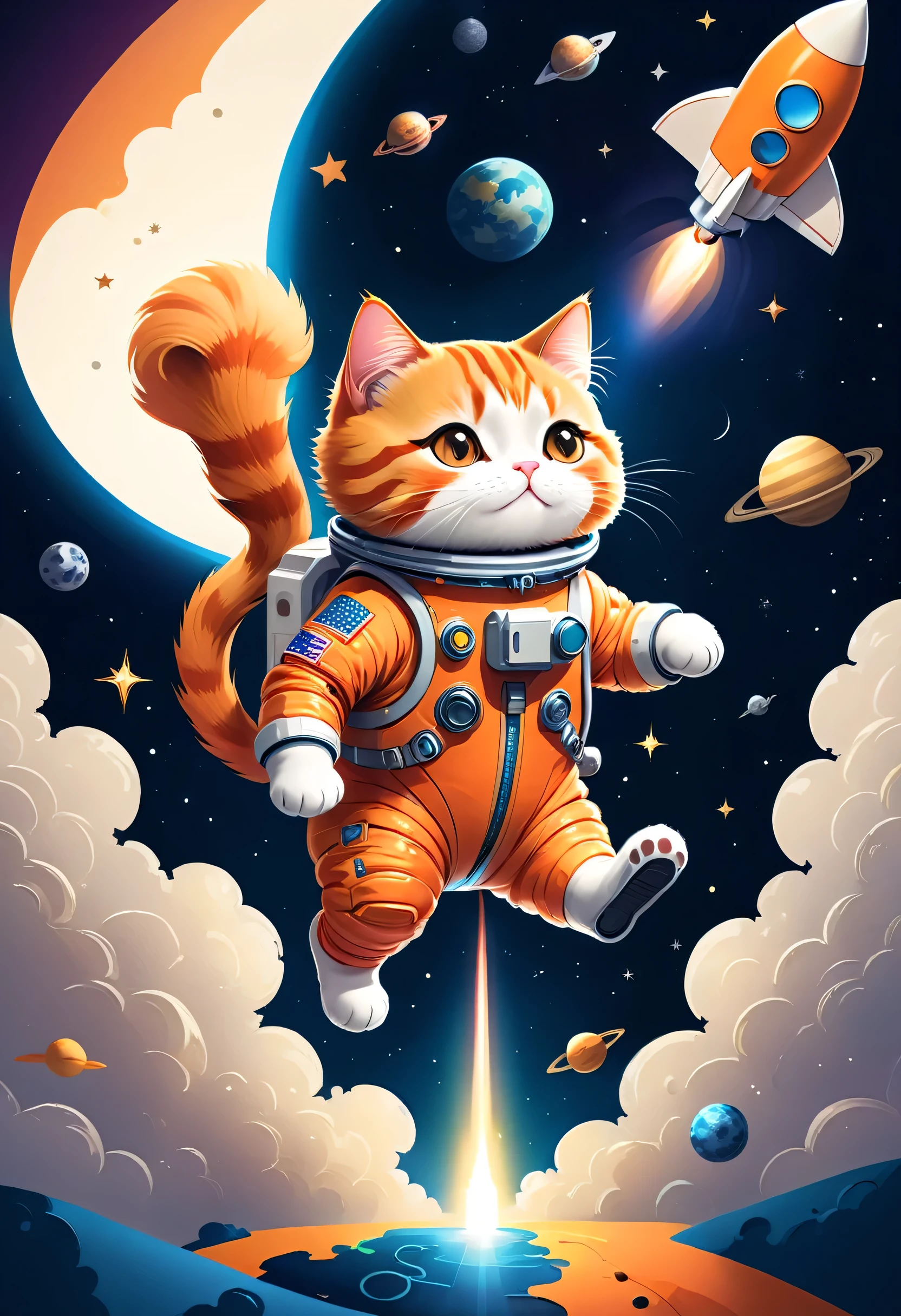 vector art:Cat astronaut,draw with thick lines,illustration,adobe,flat design,Works created by professional designers,Super Brilliant Space Travel,orange cat:Spacesuit,Rocket emblem,technology,adventure,spaceship,outer space,no gravity,buoyant,floating object,cute,Fantastic,Brilliant,Bokeh effect,fun,Wonderful,joy,masterpiece,best masterpiece,rich colors,colorful,cool,rendering,zentangle elements,line art,