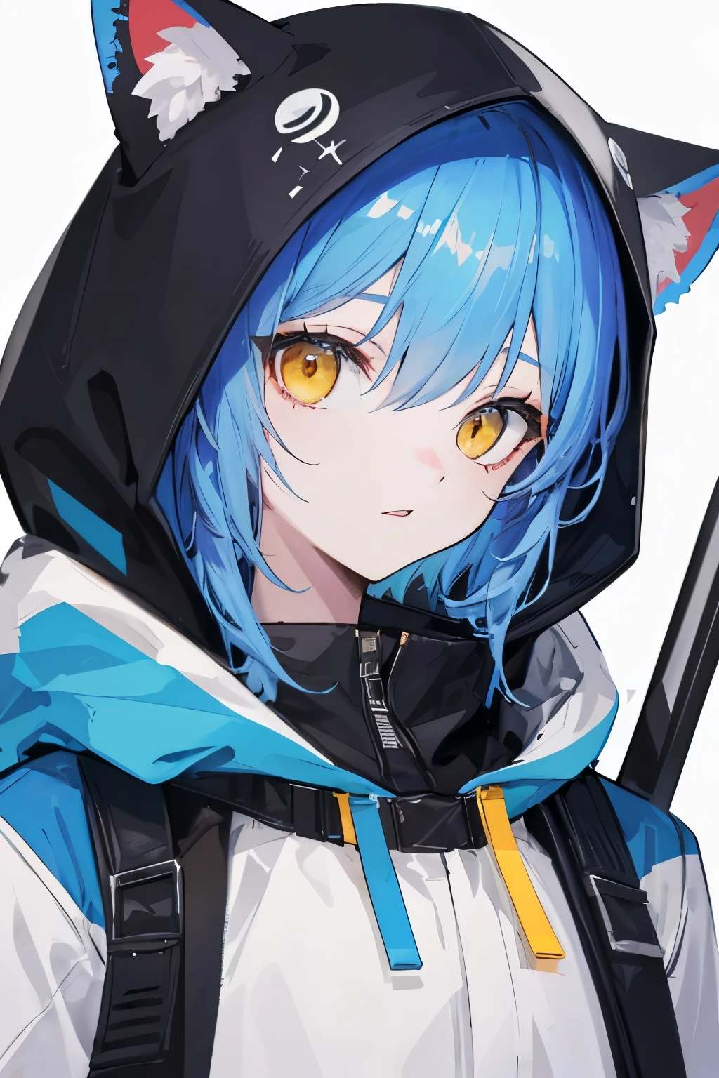 ((highest quality)), ((masterpiece)), (be familiar with), perfect face hood furry ears topless blue hair yellow eyes