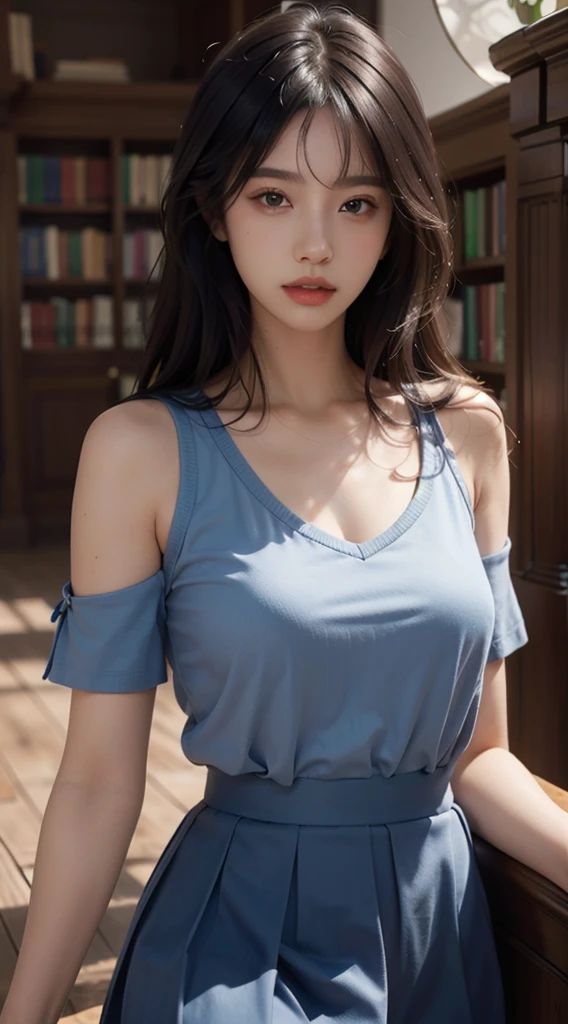 1girl,solo,(lshort-sleeved JK_sailor),JK_style,(dark blue JK_skirt),(bow JK_tie),(Inside the library:1.2),realistic,fully body,black hair,long hair,black eyes,lips,parted lips,collarbone,bare shoulders,portrait,nose,Best quality,masterpiece,ultra high res,(photorealistic:1.4),raw photo,
