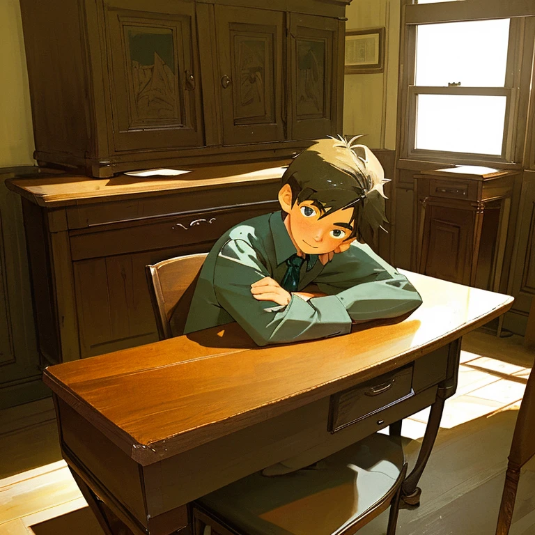 Twelve year old boy sitting next to an antique desk thoughtfully