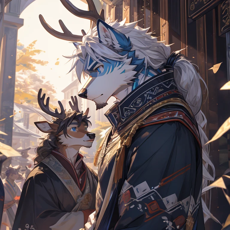 Deer orcs,male,178cm,88kg,17cm,It's a hybrid of wolf and deer,With golden antlers,deer ears,Wolf paw,wolf tail,Covered with white hair,There is a blue moiré pattern on the collarbone,There is a light blue iris-shaped pattern on the chest,Lean body,But I still have more obvious chest muscles and six-pack abs,blue stripes on arms,Different pupils,left眼的瞳孔是红色,The pupil of the right eye is blue。Wearing a gold frame monocle(left),The temples are antler-shaped,Wearing light blue ancient style Hanfu,The entire garment is dotted with snowflake patterns and cloud patterns.,The wide cuffs of the dress are embroidered with a light blue iris pattern.,A safety buckle tied with a red rope was hung around the waist.,Pinned to the other side is a folding fan。The face is very beautiful,The fluffy silver hair on his head is a bit messy, as if he just woke up from sleep. The long white hair on the back of his head is tied casually into a low ponytail.,A smile as warm as the sun,神秘的Different pupils如湖水般澄澈,profound,Makes him look friendly and harmless yet a little distant。