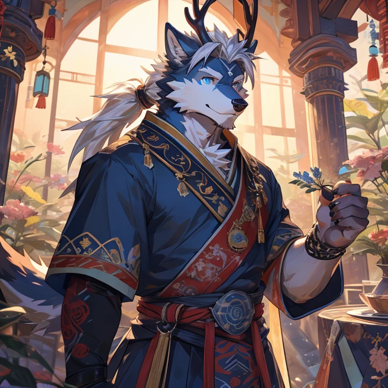 Deer orcs,male,178cm,88kg,17cm,It's a hybrid of wolf and deer,With golden antlers,deer ears,Wolf paw,wolf tail,Covered with white hair,There is a blue moiré pattern on the collarbone,There is a light blue iris-shaped pattern on the chest,Lean body,But I still have more obvious chest muscles and six-pack abs,blue stripes on arms,Different pupils,left眼的瞳孔是红色,The pupil of the right eye is blue。Wearing a gold frame monocle(left),The temples are antler-shaped,Wearing light blue ancient style Hanfu,The entire garment is dotted with snowflake patterns and cloud patterns.,The wide cuffs of the dress are embroidered with a light blue iris pattern.,A safety buckle tied with a red rope was hung around the waist.,Pinned to the other side is a folding fan。The face is very beautiful,The fluffy silver hair on his head is a bit messy, as if he just woke up from sleep. The long white hair on the back of his head is tied casually into a low ponytail.,A smile as warm as the sun,神秘的Different pupils如湖水般澄澈,profound,Makes him look friendly and harmless yet a little distant。