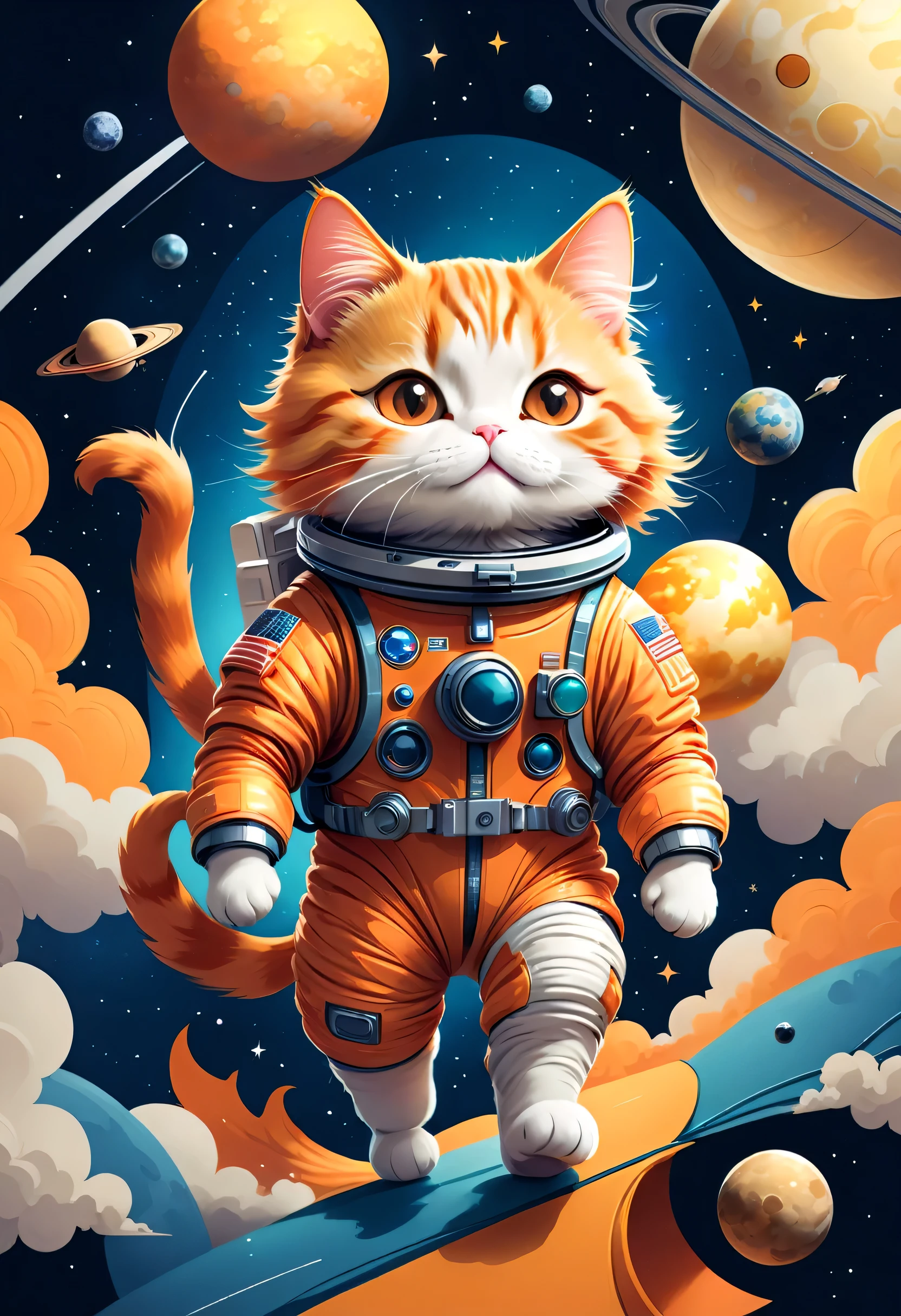 vector art:Cat astronaut,draw with thick lines,illustration,adobe,flat design,Works created by professional designers,Super Brilliant Space Travel,orange cat:Spacesuit,Rocket emblem,technology,adventure,spaceship,outer space,no gravity,buoyant,floating object,cute,Fantastic,Brilliant,Bokeh effect,fun,Wonderful,joy,masterpiece,best masterpiece,rich colors,colorful,cool,rendering,zentangle elements,line art,