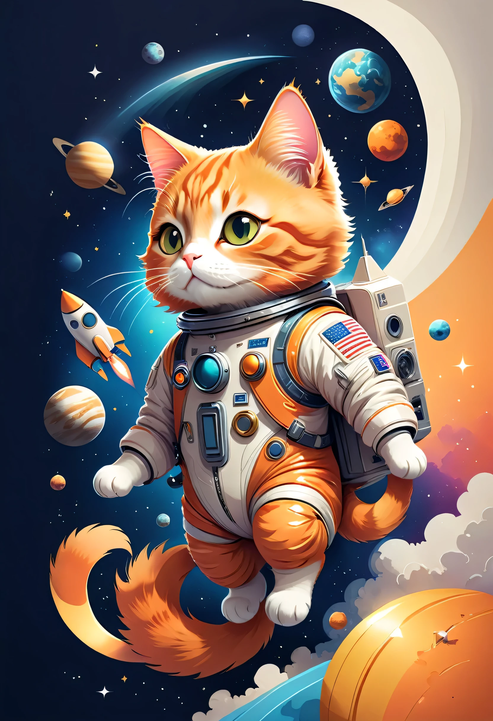 vector art:Cat astronaut,draw with thick lines,illustration,adobe,flat design,Works created by professional designers,Super Brilliant Space Travel,orange cat:Spacesuit,Rocket emblem,technology,adventure,spaceship,outer space,no gravity,buoyant,floating object,cute,Fantastic,Brilliant,Bokeh effect,fun,Wonderful,joy,masterpiece,best masterpiece,rich colors,colorful,cool,rendering,zentangle elements,line art,