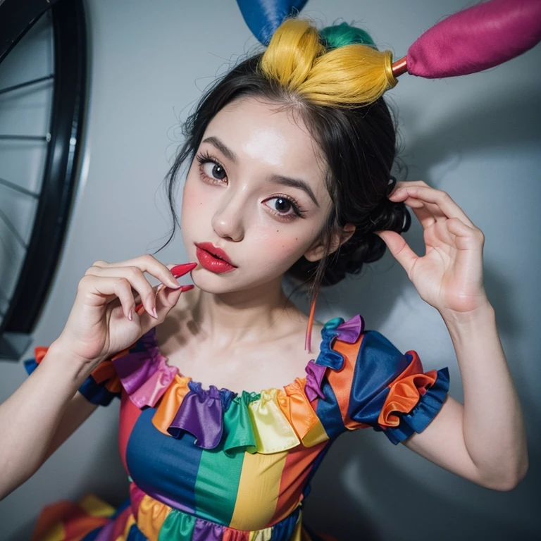 Imagem realista,fotografia profissional, foto perfeita, Clown woman, com aspecto realista, with clown clothes, with clown makeup, fazendo um pose sensual, seios maiores, corpo lindo,semi nua 
