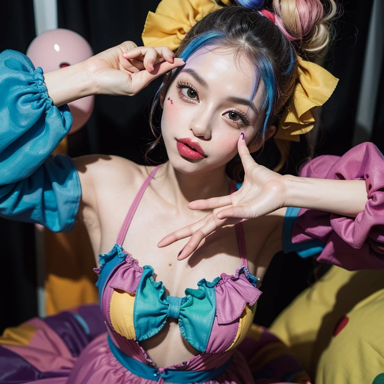 Imagem realista,fotografia profissional, foto perfeita, Clown woman, com aspecto realista, with clown clothes, with clown makeup, fazendo um pose sensual, seios maiores, corpo lindo,semi nua