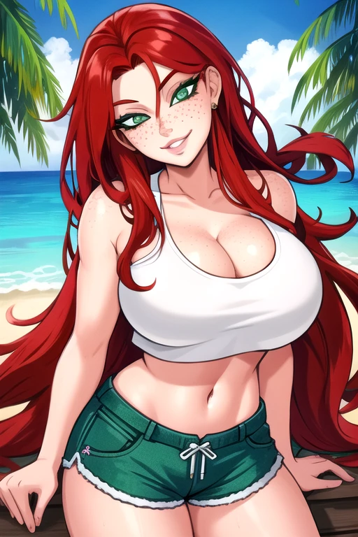 detailed eyes, 4k, high quality, colorful, super detailed eyes and face, 1girl, looking at viewer, 22-year-old woman with Caucasian skin, long red hair, green eyes, sensual gaze, beautiful smile, freckles, big breasts, cleavage, (Wearing: crop-top and shorts), smirk, :o, lips, head tilt, (standing:0.92), full body, outdoors, tropical, Caribbean paradise
