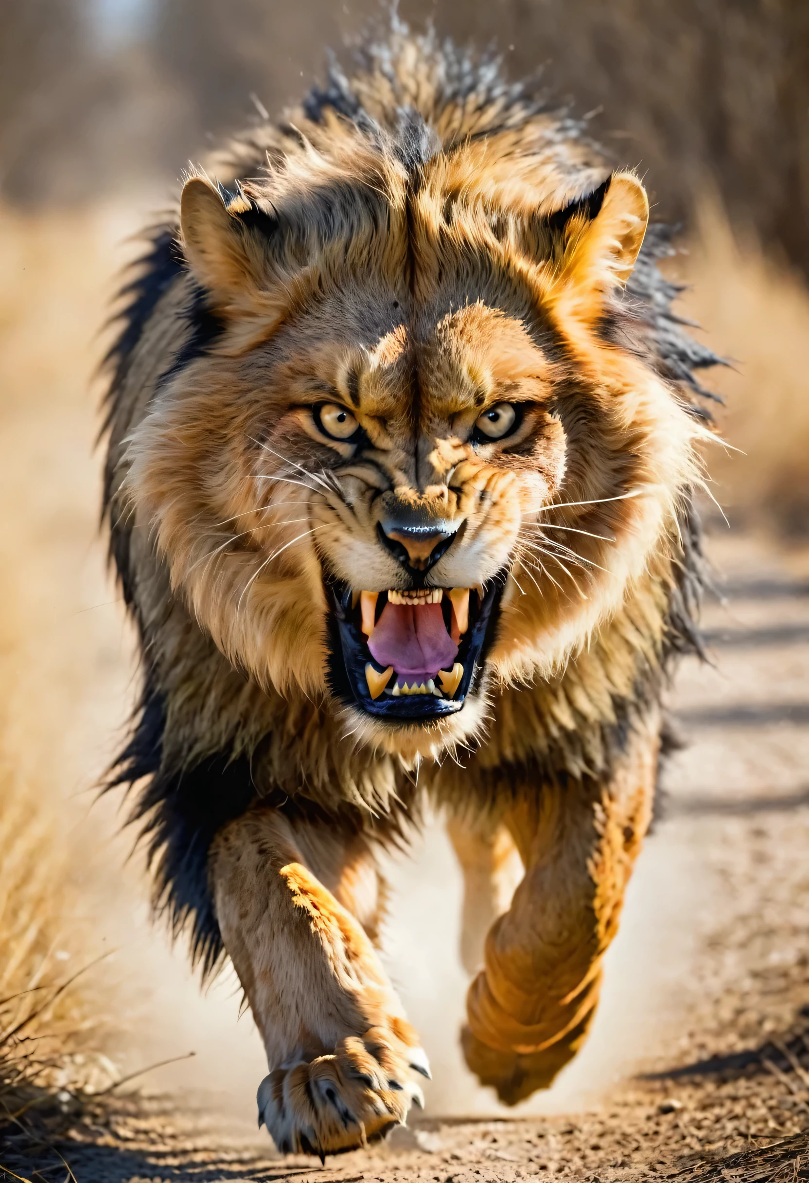 lion running towards camera, angry face, high detail, detailed fur, detailed eyes