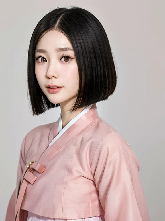 (kawaii 24 year-old Japanese girl, Nogizaka idol, Korean idol), (glossy black hair, medium bob cut:1.3), (extra rounded face, forehead, single eyelid, no makeup, soft smile:1.2), (wearing light pink concept Hanbok, Korean traditional cloth:1.3), well shaped extra small breasts, (looking at viewer:1.2), BREAK, (simple white background:1.2), (dynamic angle, portrait:1.3), BREAK, (masterpiece, best quality, photo realistic, official art:1.4), (UHD, 8K quality wallpaper, high resolution, raw photo, film grain:1.2), (shiny skin), professional lighting, physically based rendering, award winning, (perfect anatomy, highly detailed skin, extremely detailed face and eyes, well drawn clear pupils), Carl Zeiss 85 mm F/1.4, depth of field, 1girl, solo,