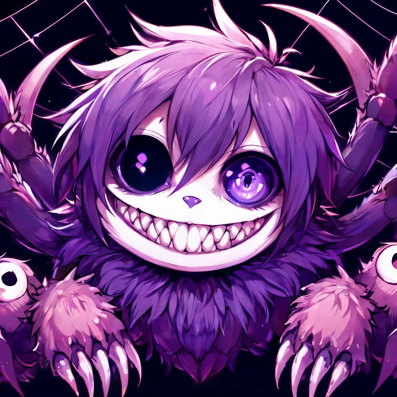 Female Dragon.spider element. Furry. Compound eye. sanpaku. double teeth.  purple color. insect fung. spider web. Anime style.