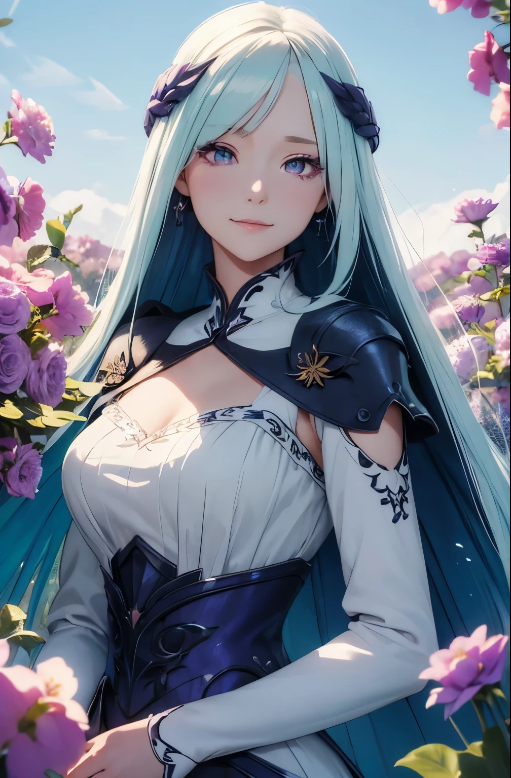 (masterpiece),(best quality), illustration, (fantasy:1.4), long white hair with teal accent, long eye lashes, clean eyes, purple eyes, light smile, drop shadow, atmospheric perspective, 8k, super detail, accurate, best quality, UHD, textured skin, long dress, a moon, flowers , paper_cut