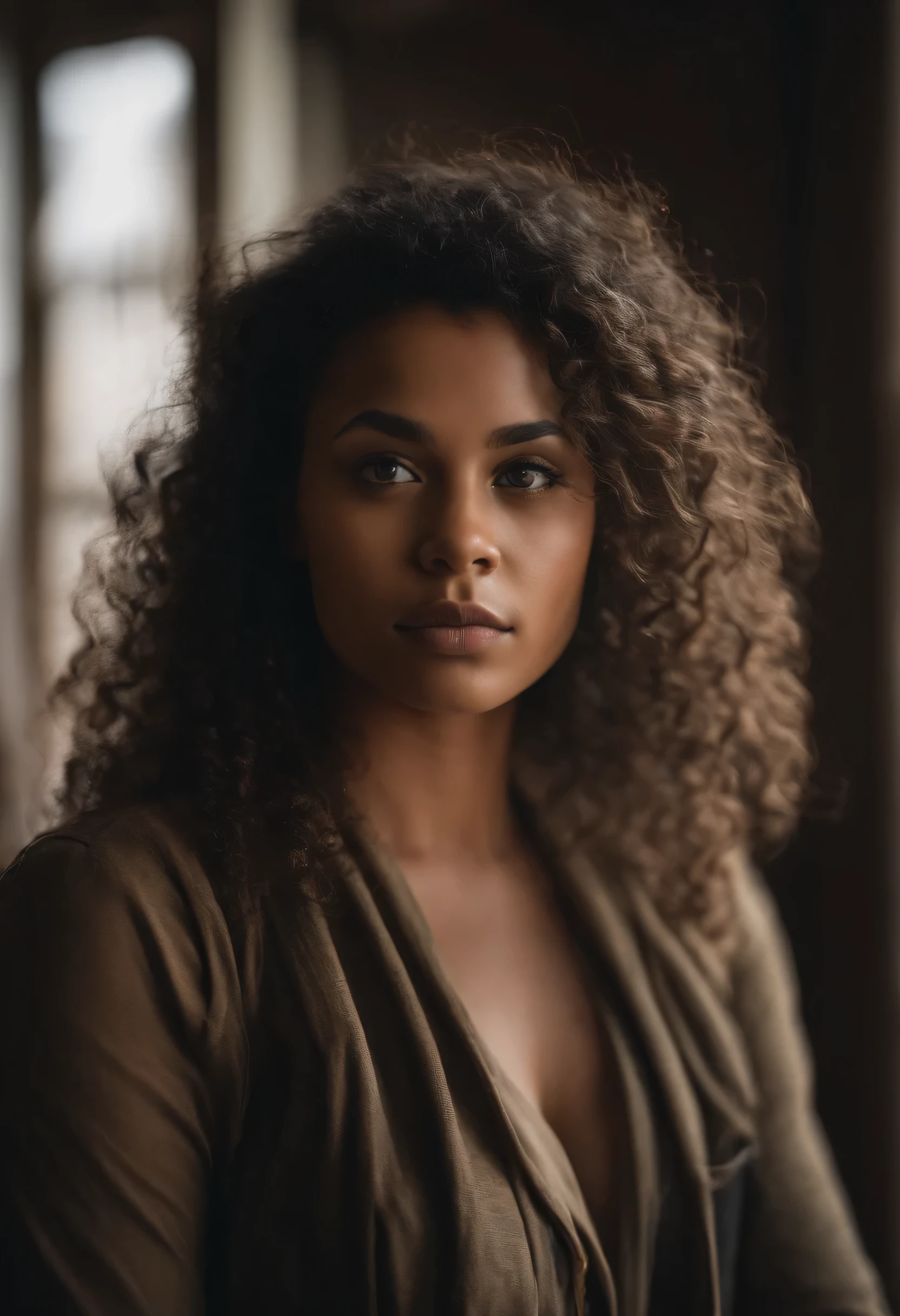Black girl with medium brown skin, 4a cabelo castanho escuro e encaracolado, comprimento do ombro do cabelo grande, sardas sob os olhos e no nariz , piercing duplo no nariz, medium sized full lips, grandes olhos castanhos escuros, rosto redondo , Nerd/Estranho
