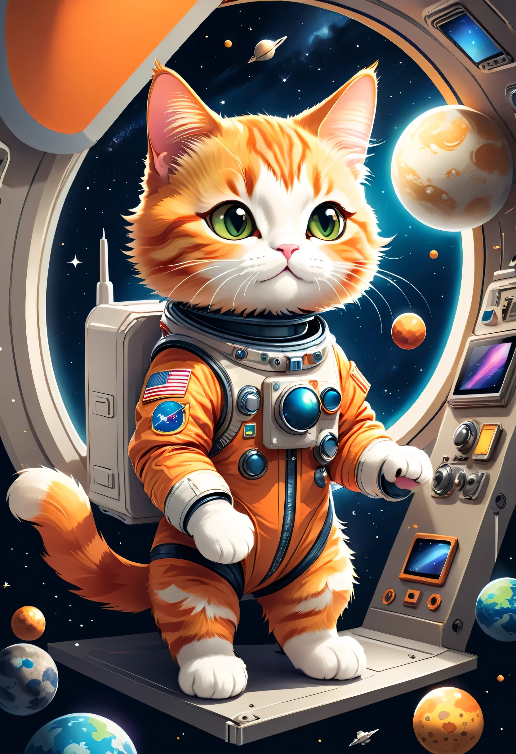 vector art:Cat astronaut,draw with thick lines,illustration,adobe,flat design,Works created by professional designers,Super Brilliant Space Travel,orange cat:Spacesuit,Rocket emblem,technology,adventure,Inside the spaceship,Stainless steel panel,monitor,Control panel,spaceship windows,no gravity,buoyant,floating object,cute,Fantastic,Brilliant,Bokeh effect,fun,Wonderful,joy,masterpiece,best masterpiece,rich colors,colorful,cool,rendering,zentangle elements,line art,