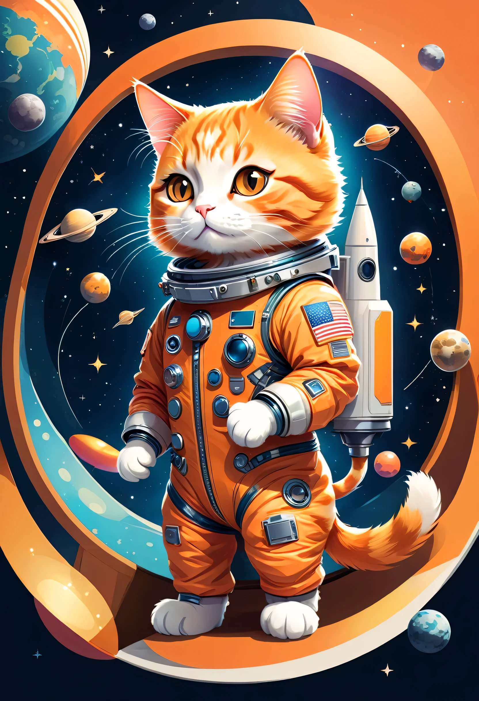 vector art:Cat astronaut,draw with thick lines,illustration,adobe,flat design,Works created by professional designers,Super Brilliant Space Travel,orange cat:Spacesuit,Rocket emblem,technology,adventure,Inside the spaceship,Stainless steel panel,monitor,Control panel,spaceship windows,no gravity,buoyant,floating object,cute,Fantastic,Brilliant,Bokeh effect,fun,Wonderful,joy,masterpiece,best masterpiece,rich colors,colorful,cool,rendering,zentangle elements,line art,