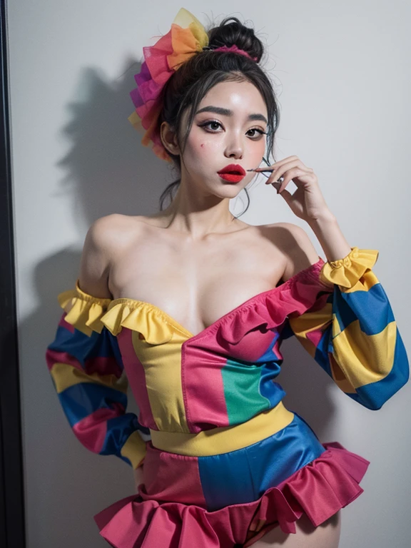 Imagem realista,fotografia profissional, foto perfeita, Clown woman, com aspecto realista, with clown clothes, with clown makeup, fazendo um pose sensual, seios maiores, corpo lindo,semi nua 
