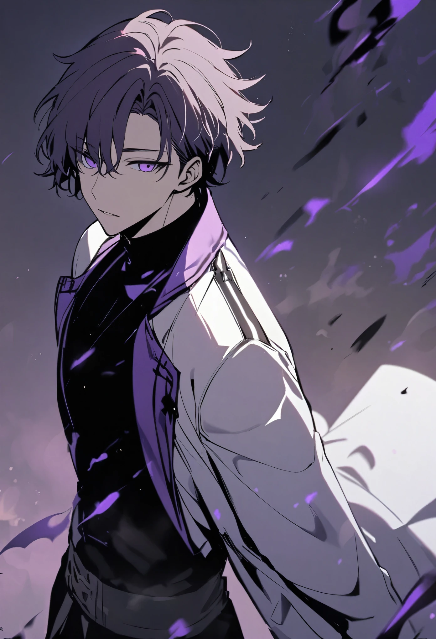 Handsome, solo, male, short hair, hair covers left eye, dark lavender hair, purple eyes, black shirt, black pant, black and white coat