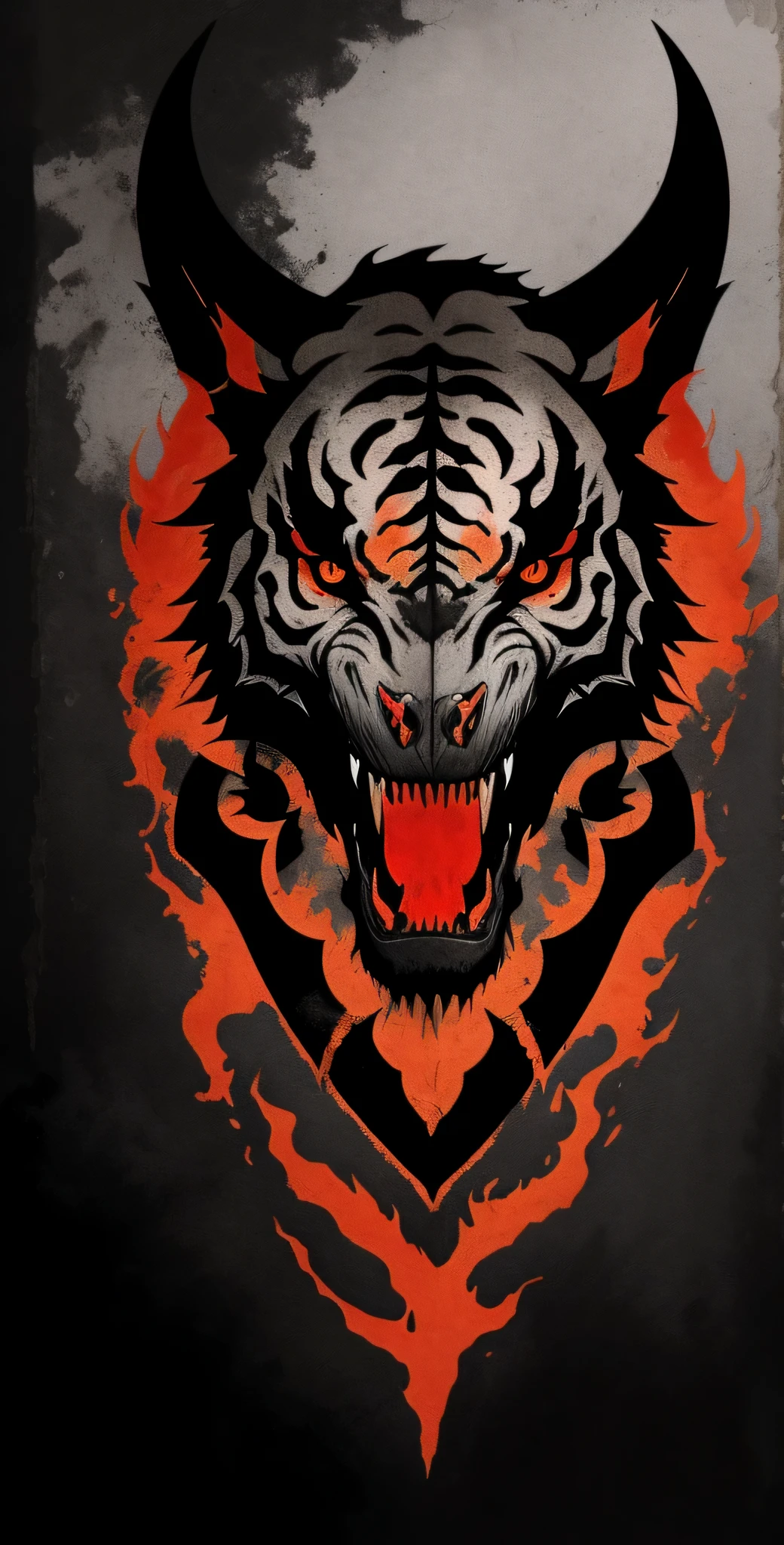 Illustration 2D, Reddish and Black Colors, Infernal Tiger Skull, 16K, Intrincate Details, Ancient Symbol, Motoclub logotip design, Tatto style,