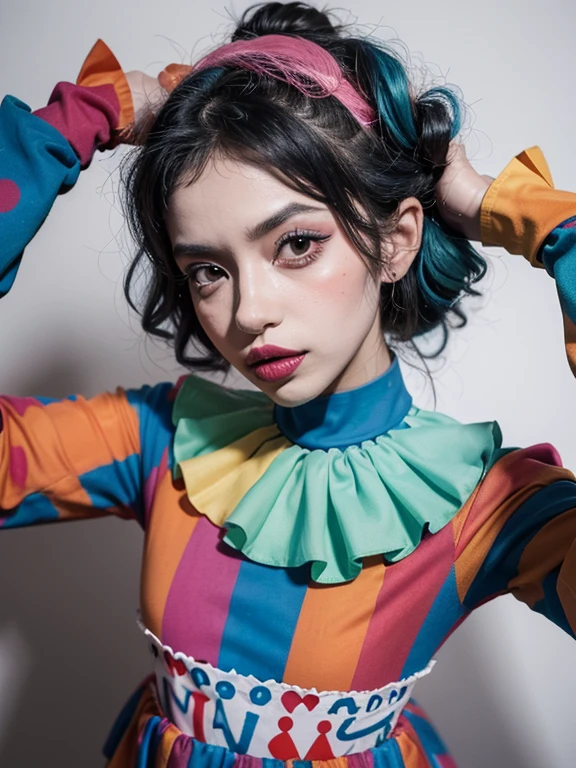 Imagem realista,fotografia profissional, foto perfeita, Clown woman, com aspecto realista, with clown clothes, with clown makeup, fazendo um pose sensual, seios maiores, corpo lindo,semi nua 