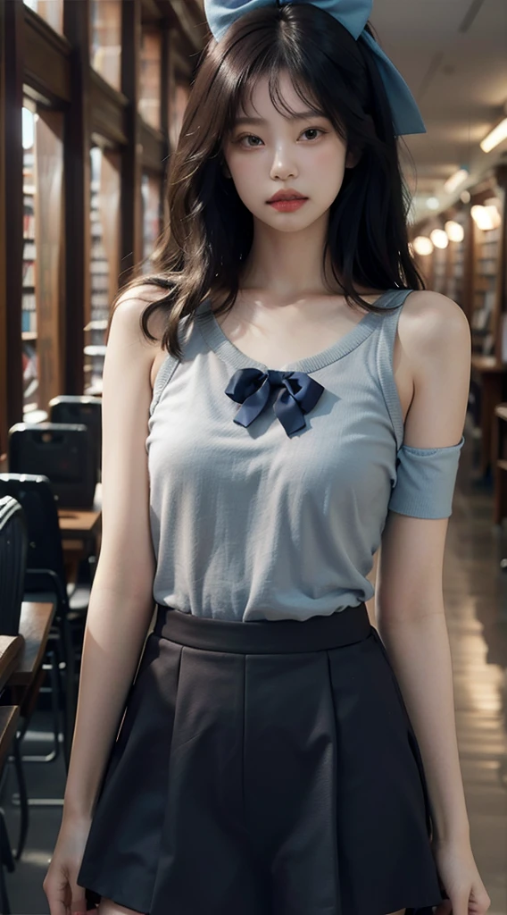 1girl,solo,(lshort-sleeved JK_sailor),JK_style,(dark blue JK_skirt),(bow JK_tie),(Inside the library:1.2),realistic,fully body,black hair,long hair,black eyes,lips,parted lips,collarbone,bare shoulders,portrait,nose,Best quality,masterpiece,ultra high res,(photorealistic:1.4),raw photo,  