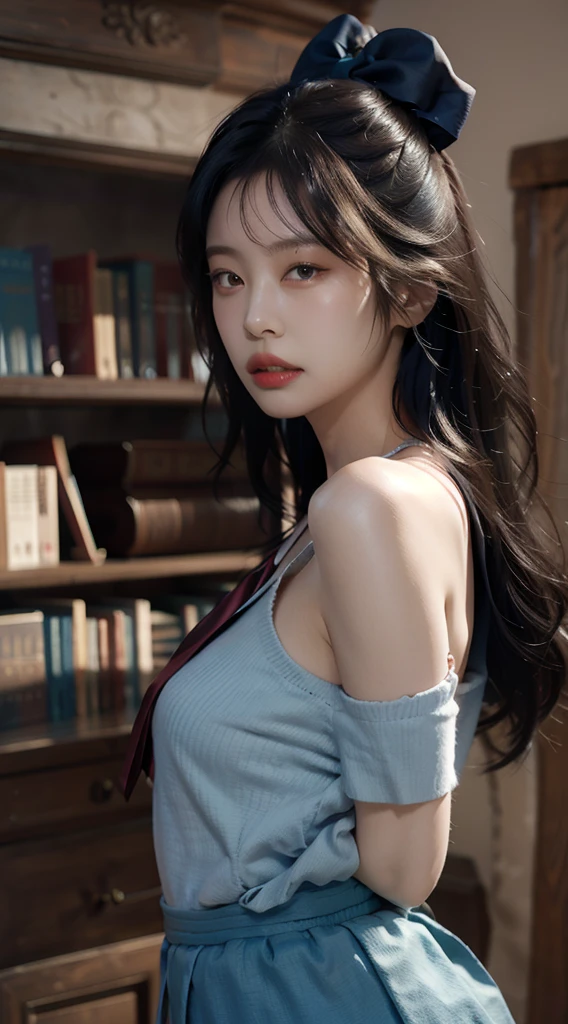 1girl,solo,(lshort-sleeved JK_sailor),JK_style,(dark blue JK_skirt),(bow JK_tie),(Inside the library:1.2),realistic,fully body,black hair,long hair,black eyes,lips,parted lips,collarbone,bare shoulders,portrait,nose,Best quality,masterpiece,ultra high res,(photorealistic:1.4),raw photo,