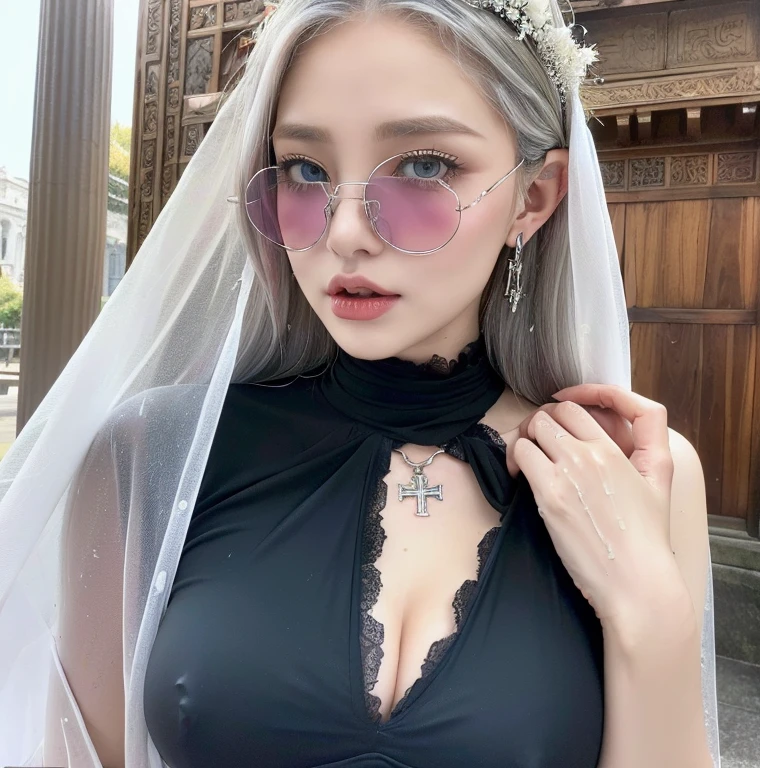 1 miniature Beautiful beautiful woman - Yuan Sayuki, ((top quality, 8K, Masterpiece:1.retty woman, 1 woman, huge breasts:1.3, a slim body:1.1, lush white long hair, (shower, wet body, wet clothes:1.1), very detailed face, detailed lips, detailed eyes, double eyelids, Detailed blue eyes, чрезвычайно Detailed Outstanding Blue Eyes, white wet hair, white wet hair, Detailed Outstanding Blue Eyes, innocent look at the viewer, very wet wavy white hair, Detailed Outstanding Blue Eyes, This&#39;It's raining outside, huge cross earrings, In the temple, badges behind, gothic wedding uniform, sexy gothic style wedding dress with veil, bare chest, huge chest tattoo wearing a wreath, detailed huge earrings, chest tattoo, Outside - there are trees and a buddhist temple in the background, wear a silver cross (Detailed cross shape), reality mode, wet breasts, black necklace, black wedding dress and black veil, human crowd behind, head/forehead chain veil, black latex gloves, naked breasts, naked breasrs, naked nipples, hair of white snowy colour, accurately detailed RED TAINTED GLASSES