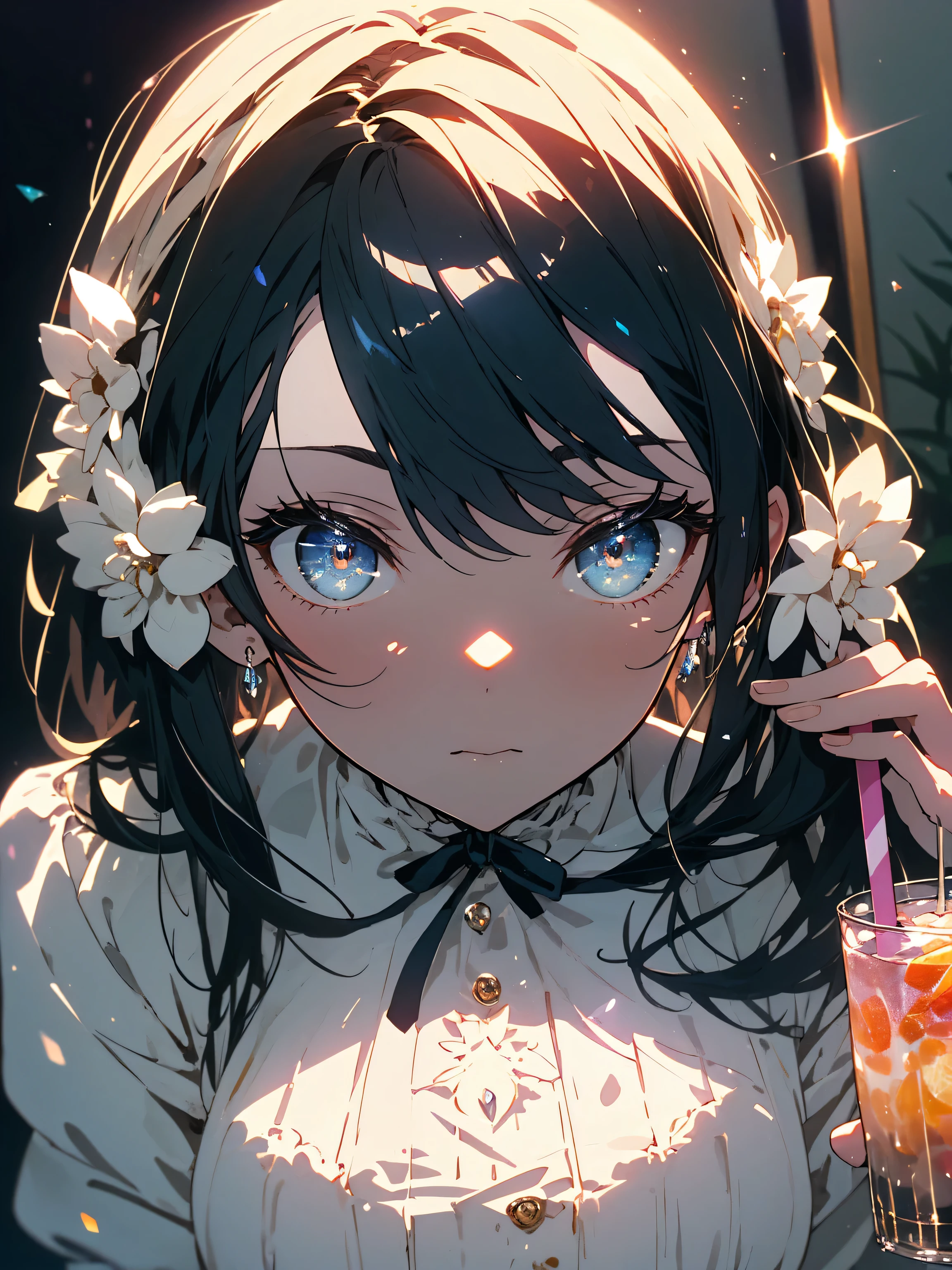 (highest quality、masterpiece、High resolution、detailed)、(Shining eyes、detailed beautiful face)、 One girl wearing a lolita dress, drinking an iced drink for breakfast、living room at home、bright interior、beautiful anime 4k、(highest quality、masterpiece、High resolution、detailed)
