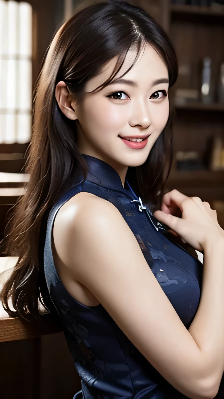 Highly detailed CG Unity 8K wallpaper, top quality, Super detailed, table top, realistic, photo-realistic, Highly detailed cute girl, 40 years old, ,, Upper body , ,Huge ,black eye,navy blue cheongsam dress,smile,big ass,big breasts,Japanese