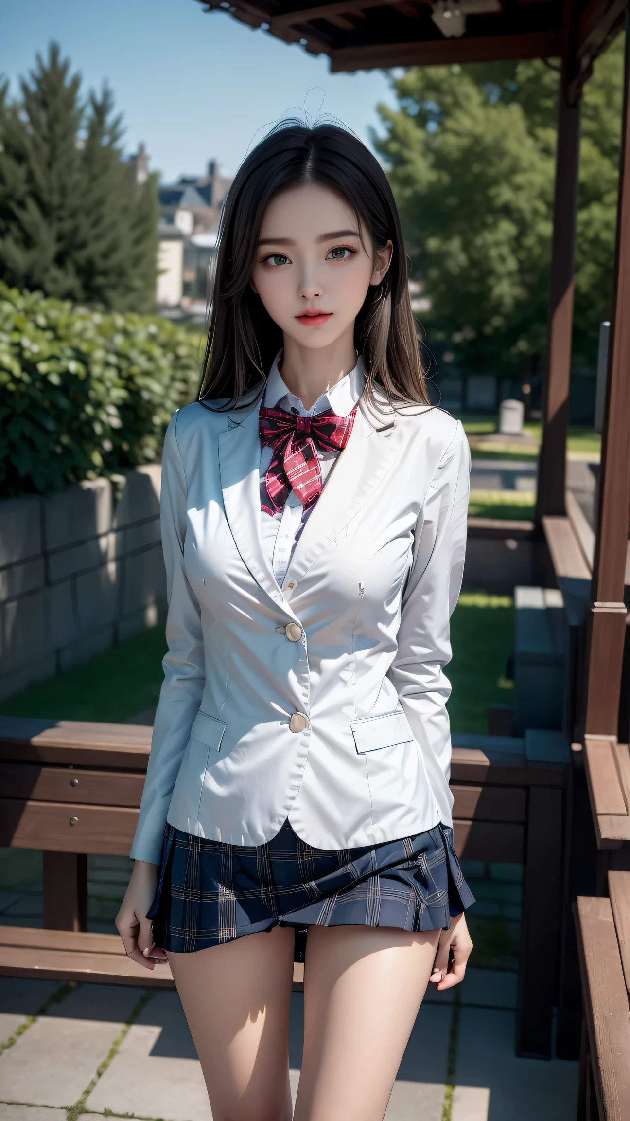 ((girl standing in front of a park bench)),top quality work，Real work，Ultra premium graphics，8K HD CG works，high quality graphics，High-definition CG works，10x pixels，super fine details：1.1，Advanced technical details：1.1Photo-realistic，indoor lighting effects：1.5，Natural light：1.5. light effect（virtual light effect：1.8），超A high resolution，shiny red dress，長いsilver hair，silver hair，transparent hair，high detail hair（premium hair detail：1.1）clear eyes，beautiful double eyelids，sharp eye makeup, delicate eyelash makeup, thin eyebrows, highly detailed eyes，high nose, nice red lips, rose cheeks, A face with delicate makeup , cute face, perfectly proportioned face,（Advanced facial details：1.1），shiny，wonderful dress，bright red series，(white blazer) 、(white blouse)、(red bow tie)、(checked skirt)、、girls school uniform、photo shoot，woman&#39;artwork of，full body figure，realism，wonderful，My eyes are shining today、(smile)