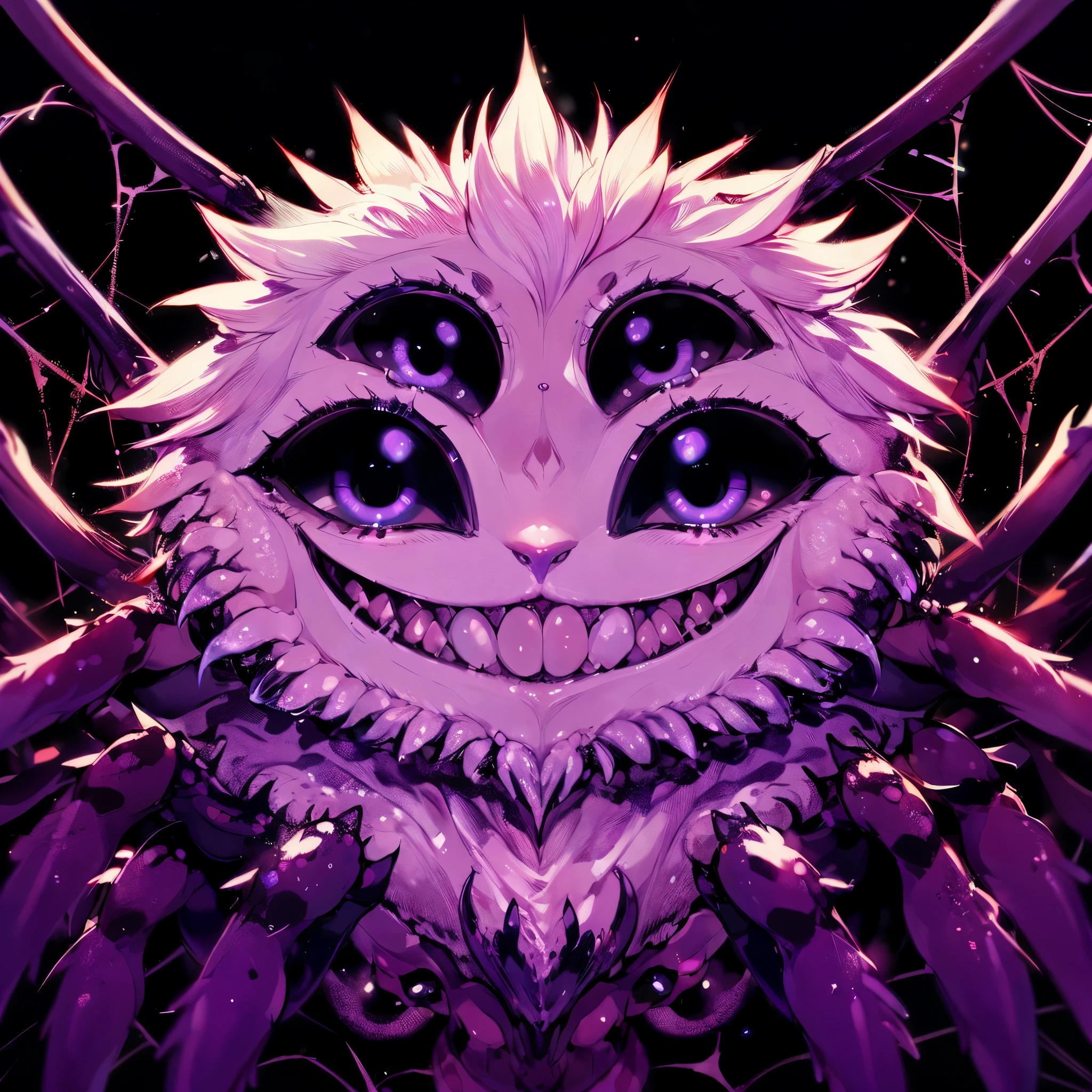 Female Dragon.spider element. Furry. Compound eye. sanpaku. double teeth.  purple color. insect fung. spider web. Anime style.