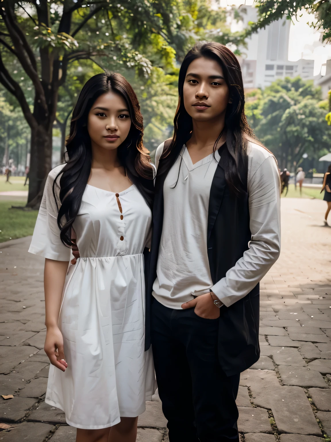 a handsome young Indonesian man with long wavy hair black. were standing together in a park with, a beautiful young Indonesian woman with long wavy hair. dress casual