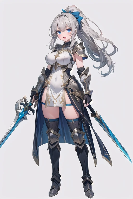 1girl, armor, weapon, sword, holding, solo, breastplate, holding-weapon, long-hair, ponytail, grey-hair, holding-sword, open-mouth, fingerless-gloves, shoulder-armor, full-body, gloves, dress, boots, standing, helmet, armored-boots,  white-dress, blue eyes, ((big breasts) 1:1)