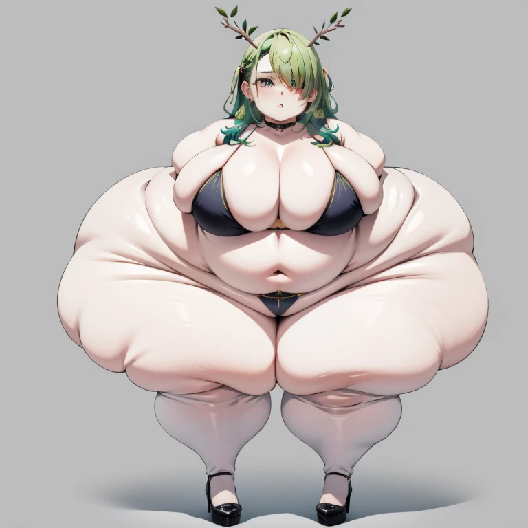 1girl, top heavy figure, (((incredibly big chest))), ((saggy chest)), plump, incredibly plump, ((big belly)), (((big tits))), pout, embarassed, wide, (((obese))), (((fat))), ((love handles)), double chin, out of shape, obese, fatty, shortstack, short woman, big bossom, ((milf)), small height, mature, standing, full body, bbw, ssbbw, ceres fauna, green hair, long hair, horns, hair over one eye, green bikini, pantyhose, high heels