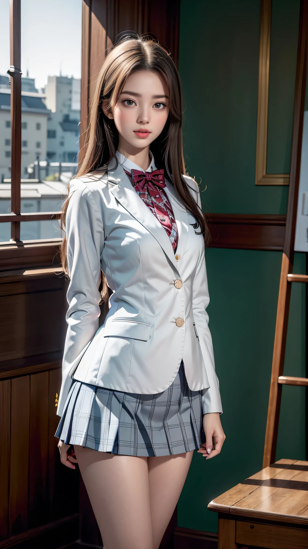 (girl standing in front of a park bench),top quality work,Real work,Ultra premium graphics,8K HD CG works,high quality graphics,High-definition CG works,10x pixels,super fine details:1.1,Advanced technical details:1.1Photo-realistic,indoor lighting effects:1.5,Natural light:1.5. light effect(virtual light effect:1.8),超A high resolution,shiny red dress,長いsilver hair,silver hair,transparent hair,high detail hair(premium hair detail:1.1)clear eyes,beautiful double eyelids,sharp eye makeup, delicate eyelash makeup, thin eyebrows, highly detailed eyes,high nose, nice red lips, rose cheeks, A face with delicate makeup , cute face, perfectly proportioned face,(Advanced facial details:1.1),shiny,wonderful dress,bright red series,(white blazer) 、(white blouse)、(red bow tie)、(checked skirt)、、girls school uniform、photo shoot,woman'artwork of,full body figure,realism,wonderful,My eyes are shining today、(smile)