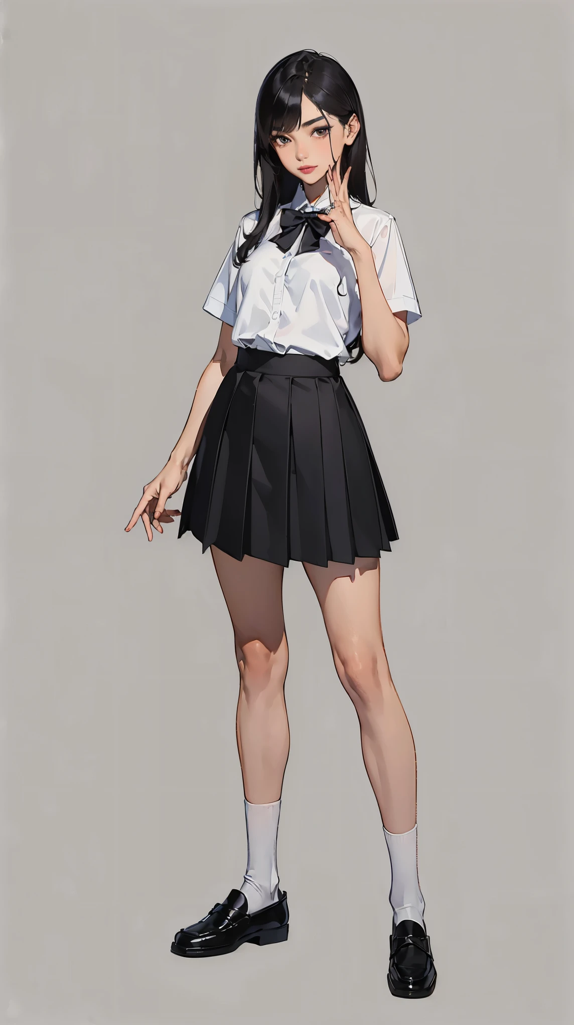 ((best quality,4k,highres,masterpiece:1.2)),((character concept art)), 1 female, teenage female, -yeld As beauty queen, ((black shoulder-length hair)), black hair, (fair skin colour), ultra finely detailed eyes (black eyes colour), innocent, beautiful, , slim body build, ((intricate detail)), super finely detailed hands, ultra finely detailed fingers(((ten fingers))), wearing white short sleeves school shirt with bowtie, gray school skirt, knee-length school socks, and black school loafers, (standing casually), (full body showcase), (show full body), (no logos on background), (no logo), ((plain background)), ((plain background)), (((empty background)))