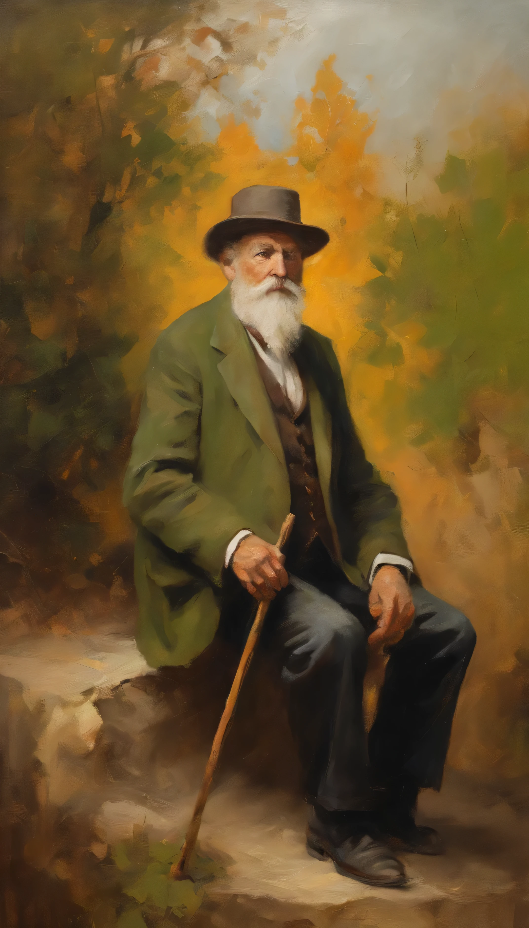 painting with an old man with a beard, wearing a hat, smoking a pipe and sitting on top of a stone with a cane in his hand and with his legs crossed, dressed in an old sepia-colored suit and torn pants. Artistic gradient background between nuanced green dominating on the left side and orange on the right side but fading to the extreme edges with darker tones and lighter towards the center. Pictorial effects with oil brushstrokes, a technique mixed between realism and impressionism. Pictorial style leans towards a mix between realism and impressionism, painted in acrylic paint and oil on canvas or canvas.