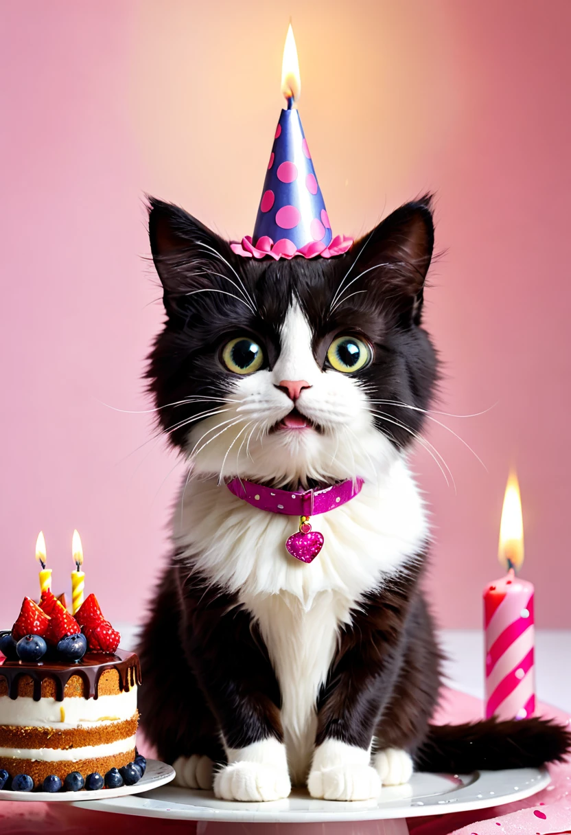 Katze hat Geburtstag, Torte,Kerzen,pusten,freude,