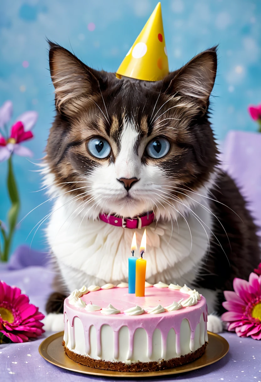 Katze hat Geburtstag, Torte,Kerzen,pusten,freude,