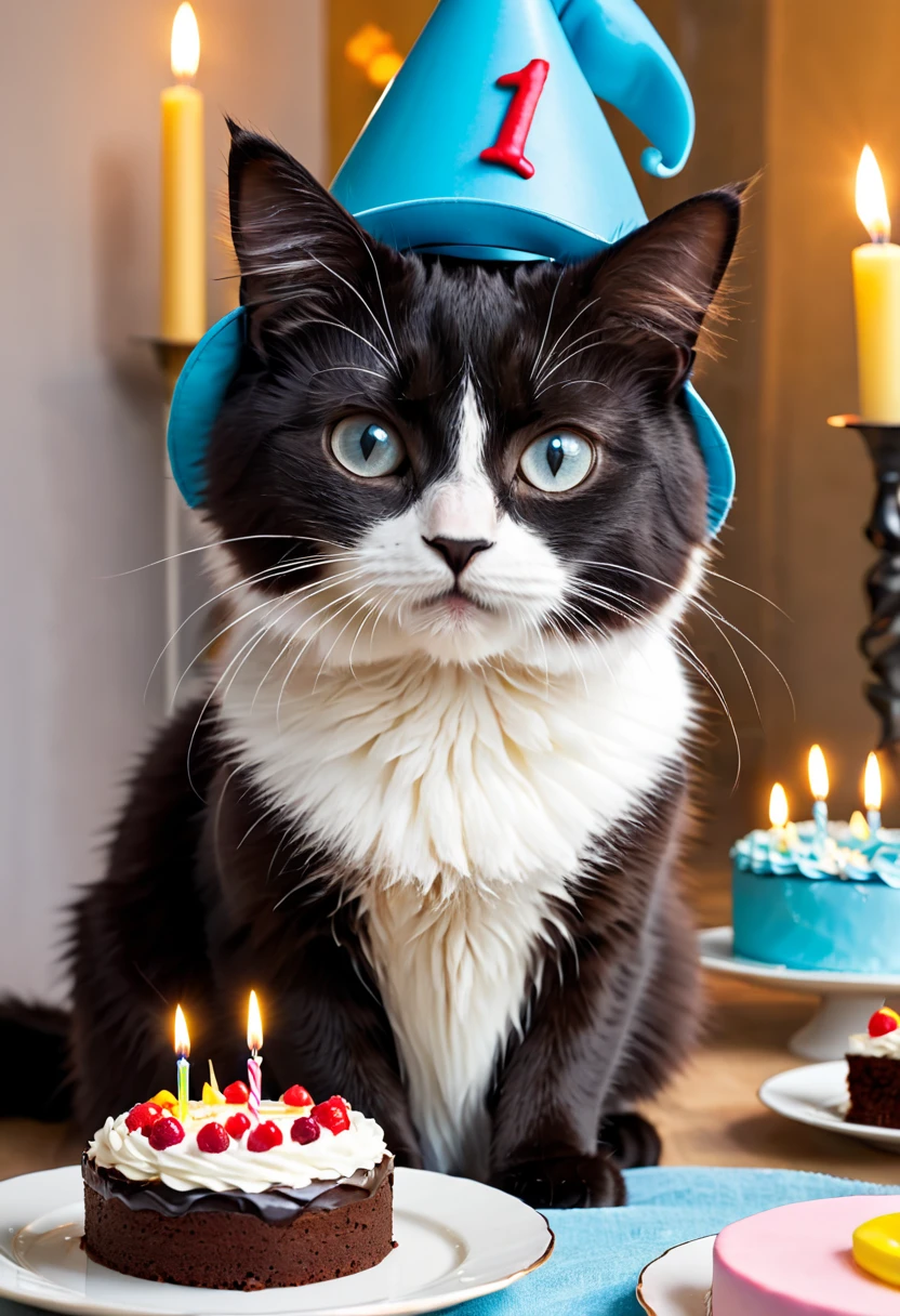 Katze hat Geburtstag, Torte,Kerzen,pusten,freude,