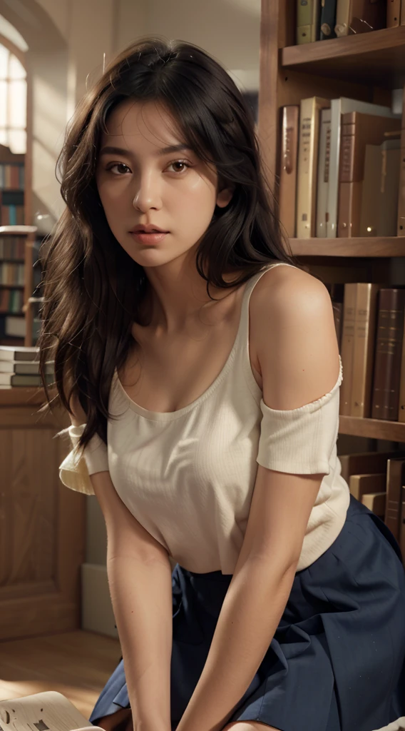 1girl,solo,(lshort-sleeved JK_sailor),JK_style,(dark blue JK_skirt),(bow JK_tie),(Inside the library:1.2),realistic,fully body,black hair,long hair,black eyes,lips,parted lips,collarbone,bare shoulders,portrait,nose,Best quality,masterpiece,ultra high res,(photorealistic:1.4),raw photo,