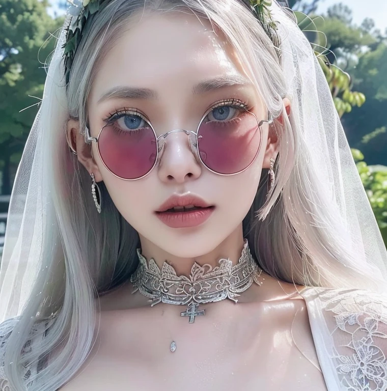 1 miniature Beautiful beautiful woman - Yuan Sayuki, ((top quality, 8K, Masterpiece:1.retty woman, 1 woman, huge breasts:1.3, a slim body:1.1, lush white long hair, (shower, wet body, wet clothes:1.1), very detailed face, detailed lips, detailed eyes, double eyelids, Detailed blue eyes, чрезвычайно Detailed Outstanding Blue Eyes, white wet hair, white wet hair, Detailed Outstanding Blue Eyes, innocent look at the viewer, very wet wavy white hair, Detailed Outstanding Blue Eyes, huge cross earrings, Outdoors, badges behind, gothic wedding uniform, sexy gothic style wedding dress with veil, bare chest, huge chest tattoo wearing a wreath, detailed huge earrings, chest tattoo, Outside - there are trees and a buddhist temple in the background, wear a silver cross (Detailed cross shape), reality mode, wet breasts, black necklace, black wedding dress and black veil, human crowd behind, head/forehead chain veil, black latex gloves, naked breasts, naked breasrs, naked nipples, hair of white snowy colour, accurately detailed RED TAINTED GLASSES