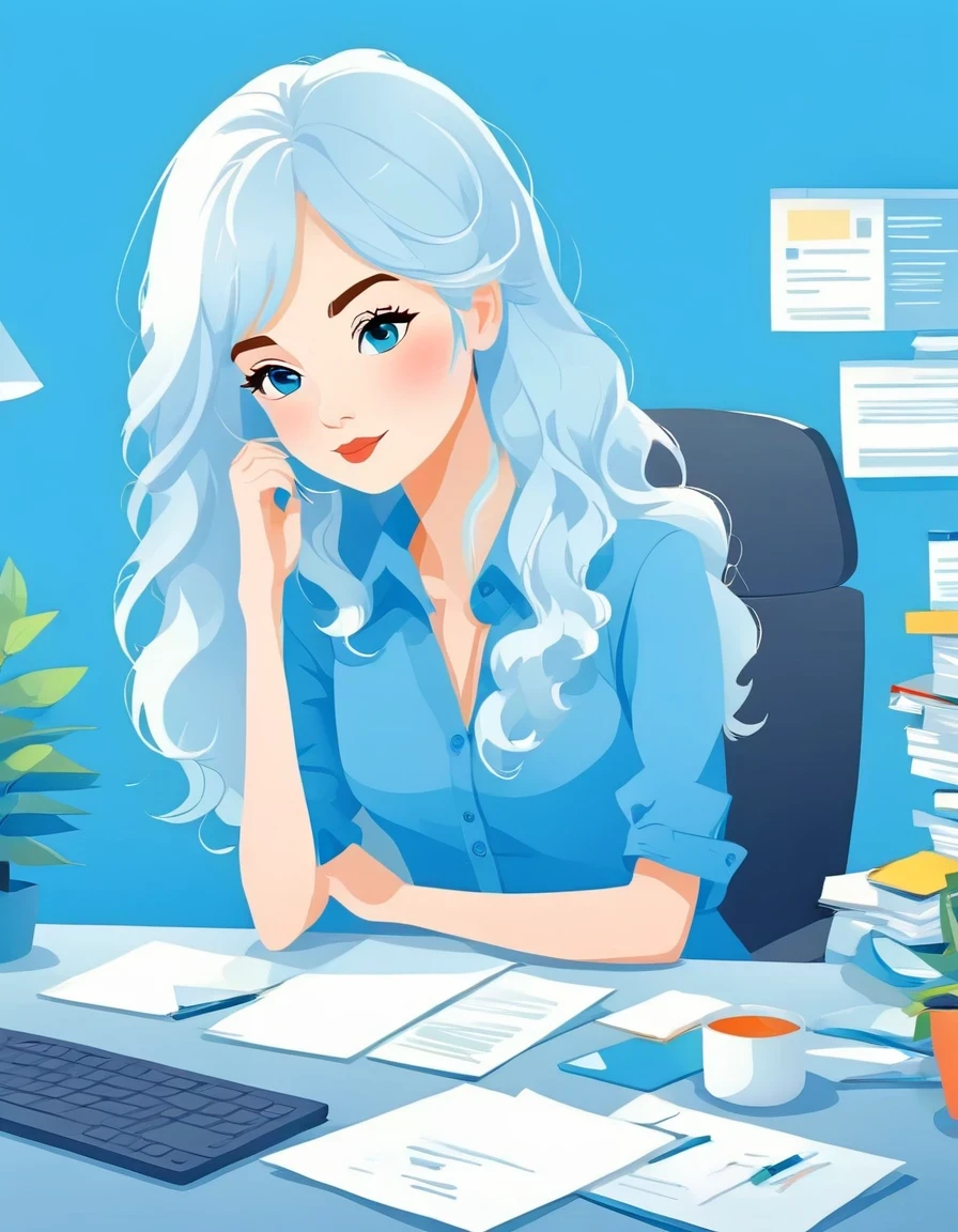 vector art，modern office girl，white hair，blue background，vector illustration vector illustration，Flat design style Flat design style，flat illustration flat illustration
