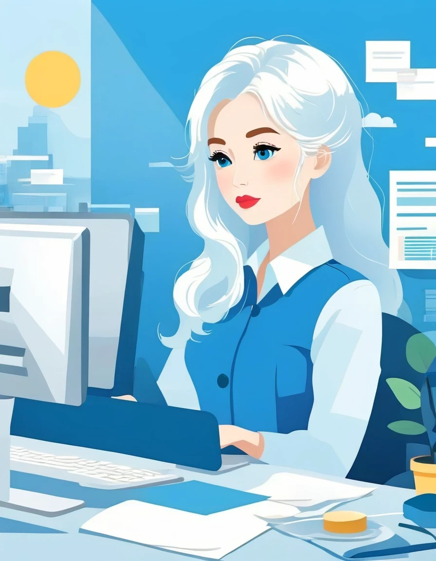 vector art,modern office girl,white hair,blue background,vector illustration vector illustration,Flat design style Flat design style,flat illustration flat illustration