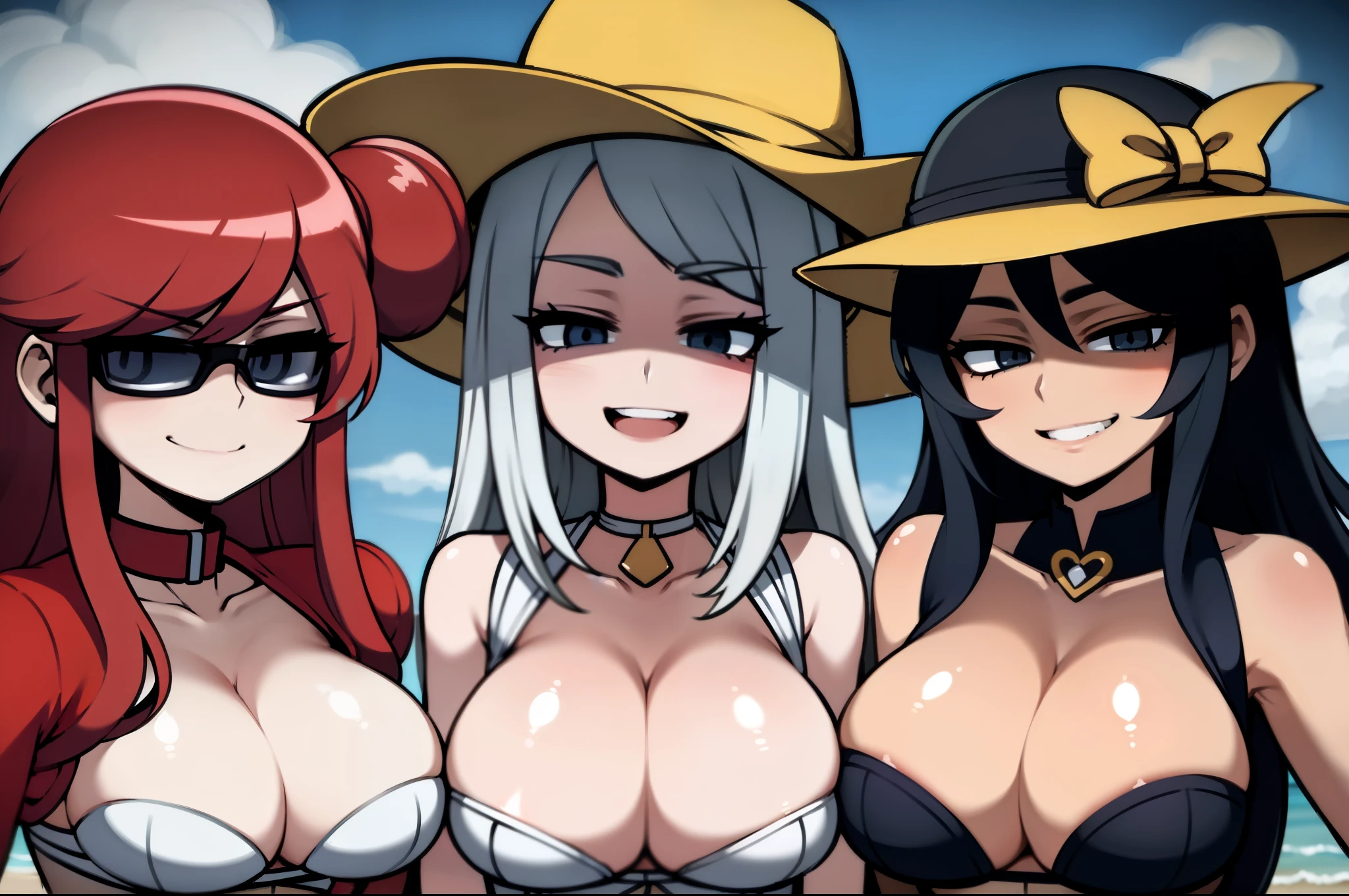 three sexy women, flirtatious smiles, sunhats, sunglasses