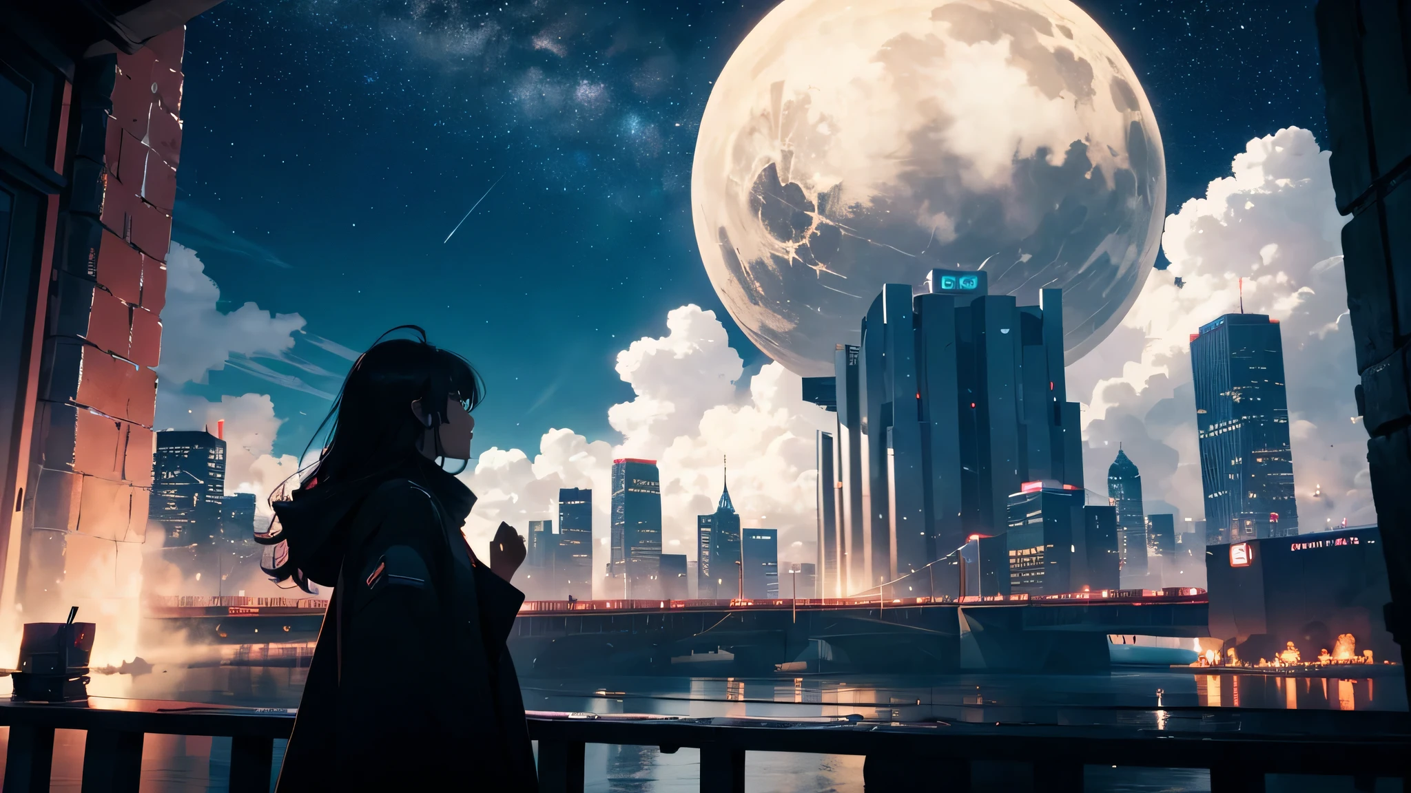 octane, null, star (null), scenery, starry null, night, 1 girl, night null, alone, outdoor, building, cloud, milky way, wood, long hair, city, silhouette, cityscape