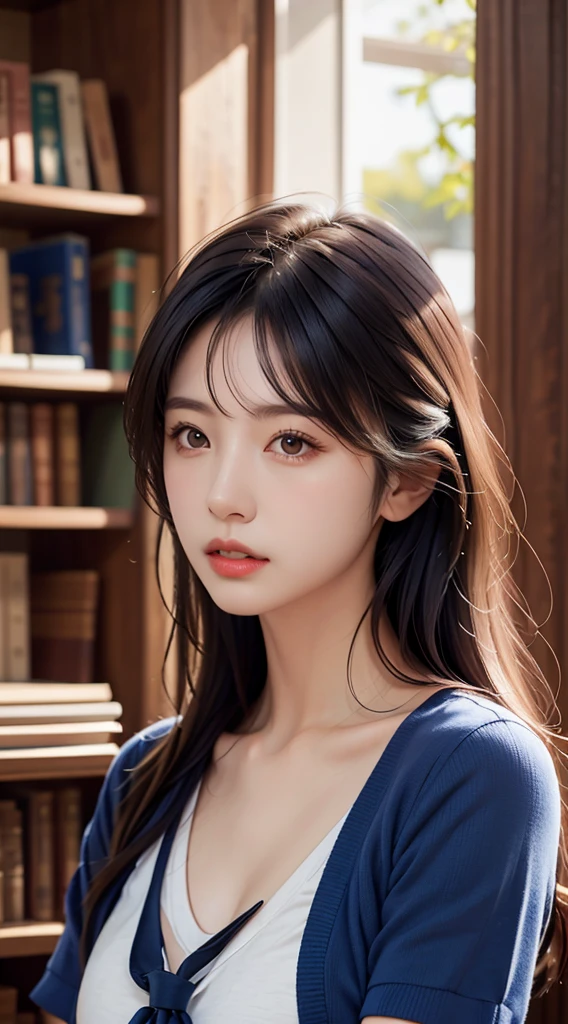 1girl,solo,(lshort-sleeved JK_sailor),JK_style,(dark blue JK_skirt),(bow JK_tie),(Inside the library:1.2),realistic,fully body,black hair,long hair,black eyes,lips,parted lips,collarbone,bare shoulders,portrait,nose,Best quality,masterpiece,ultra high res,(photorealistic:1.4),raw photo,